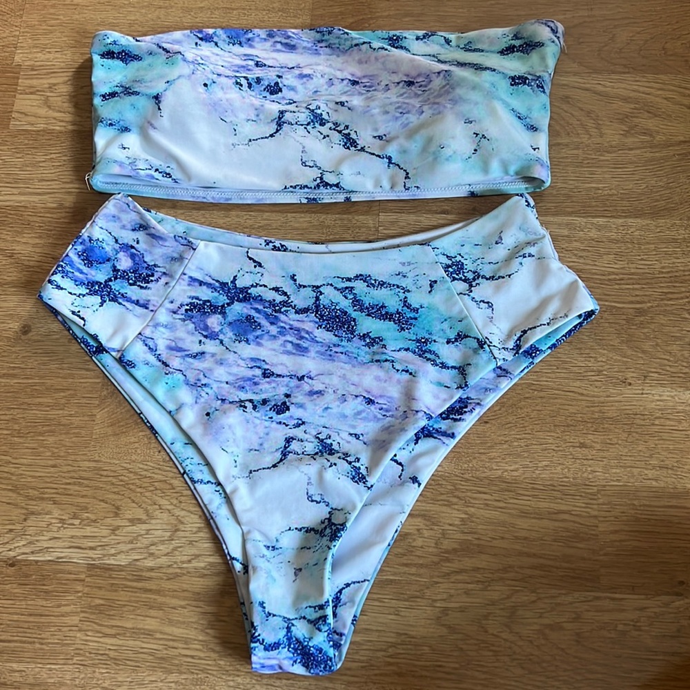 Shein blue marble high waisted bikini (size M)